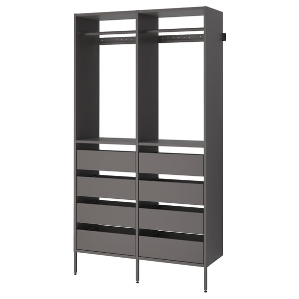 AURDAL grey closet unit: modern, grey, open storage with shelves and drawers. Steel and particleboard. Customizable.