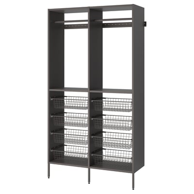 Black AURDAL storage organiser with metal baskets, adjustable shelves, and clothes rail for closets.