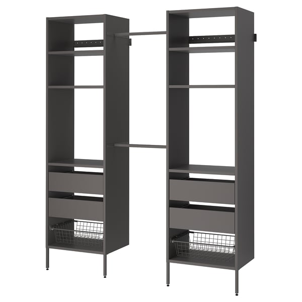 An AURDAL storage system in dark grey, featuring adjustable shelves and drawers for organising clothes and shoes.