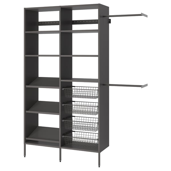 Displays an AURDAL grey metal closet organising system with multiple shelves, wire baskets, and extendable clothes rails.