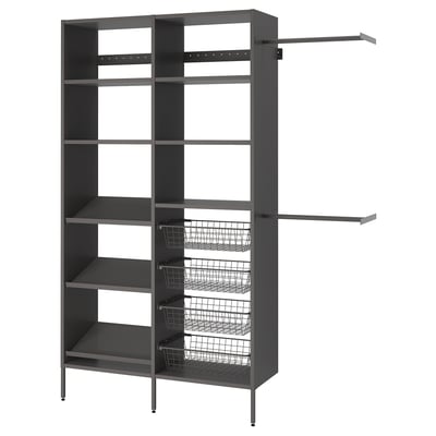 Displays an AURDAL grey metal closet organising system with multiple shelves, wire baskets, and extendable clothes rails.