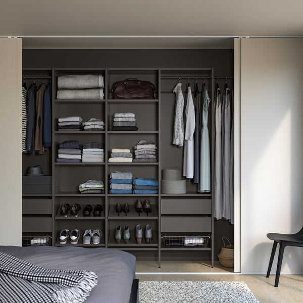 Dark grey AURDAL bedroom storage: shelves, racks, adjustable, with bed.
