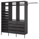 Modern black modular wardrobe with shelves, drawers, and hanging rail. Customizable, sleek design for efficient storage.