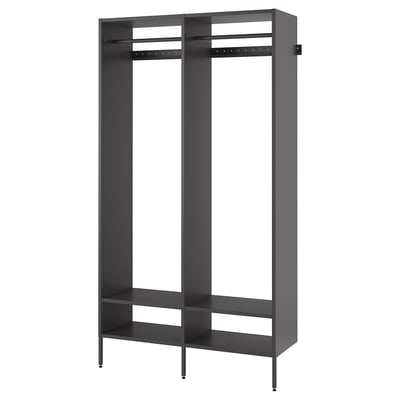 An AURDAL grey storage system with adjustable shelves and hanging rails for clothes and shoes.