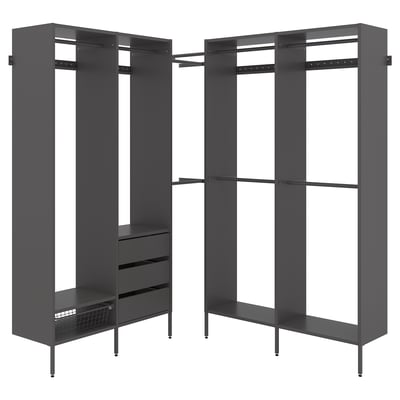 Modern dark grey AURDAL closet organiser with shelves, drawers, and hanging rods.