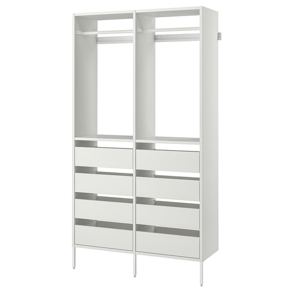 A white AURDAL storage system with adjustable shelves for clothes and shoes. It a sleek, modern design with a steel frame and particleboard shelves.