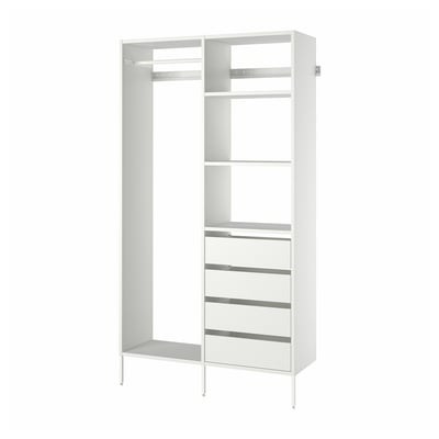 AURDAL white closet system: 3 shelves, 4 drawers, metal frame.