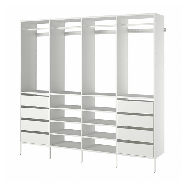 White AURDAL storage unit: modern, customizable design with multiple shelves and hanging spaces, ideal for organising clothes and shoes.