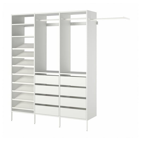 White modular storage unit, featuring shelves, hanging rods, and drawers, perfect for organising clothes and shoes, with a sleek and modern design.