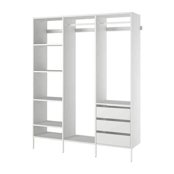White AURDAL closet system, adjustable shelves, drawers, metal and wood frame.