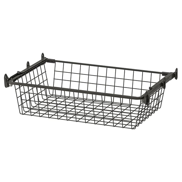 Black metal wire basket with hooks for hanging storage.