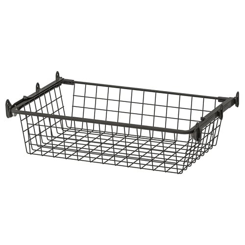 Black metal wire basket with hooks for hanging storage.