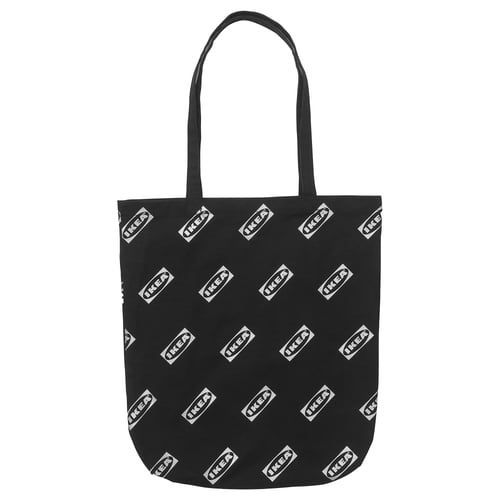 Black ikea tote bag with repeated ikea logo design, long handles, cotton material.