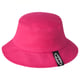 Bright pink AURTIENDE bucket hat with black logo, cotton material, wide brim, round crown.