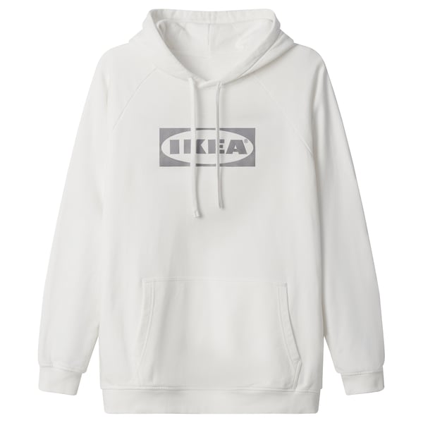 White ikea hoodie, soft cotton, drawstring hood, front pocket, simple design.