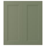 Two olive green cabinet doors with rectangular inset panels, smooth and modern, side by side.