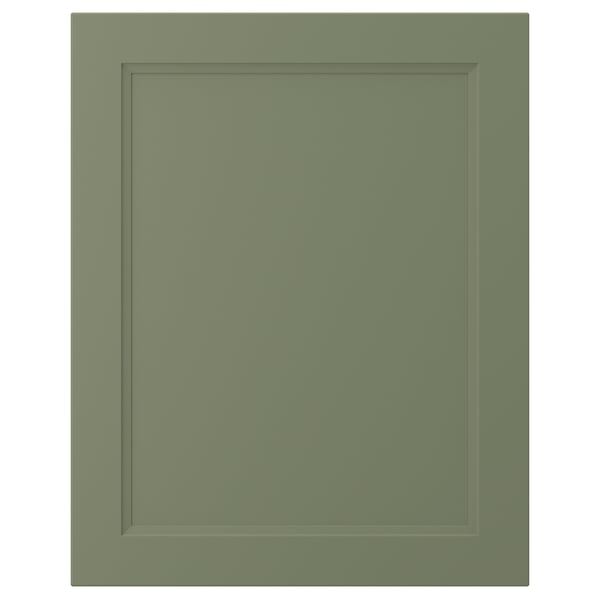 AXSTAD green cabinet door, grey-green matte shade, inset panel, recycled plastic front, square shape, traditional design.