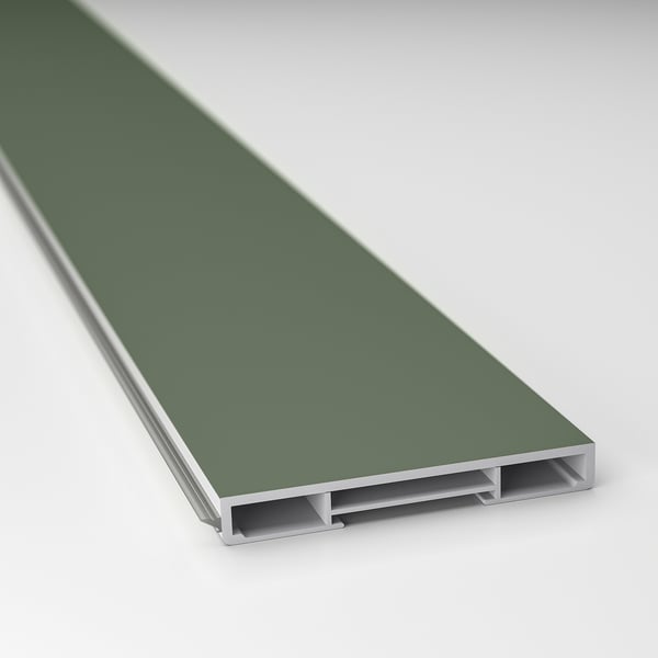 Modern green kitchen plinth, recycled plastic, sleek design, 25-year guarantee.