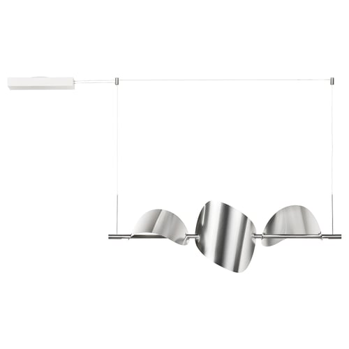 BACKSTÖRN silver lamp, sleek modern design, shiny reflective blades, hanging light fixture.