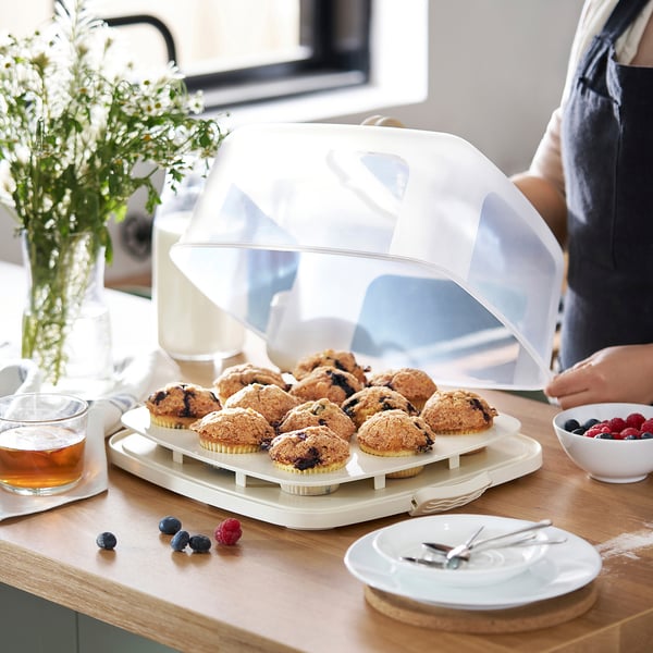 Clear lid cake platter with cupcakes; protective, portable, and home or picnic suitable.