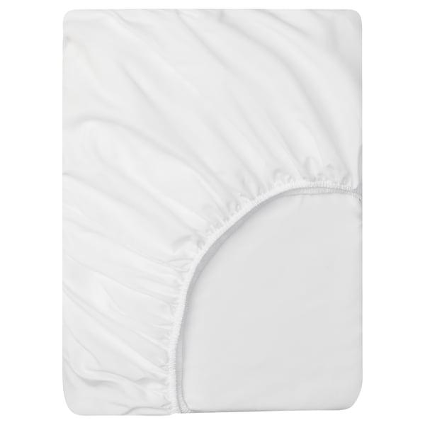 White fitted sheet with elastic, up to 25cm, recycled polyester, soft brushed surface.
