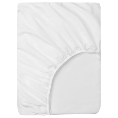 White fitted sheet with elastic, up to 25cm, recycled polyester, soft brushed surface.