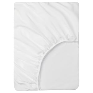 White fitted sheet with elastic, up to 25cm, recycled polyester, soft brushed surface.