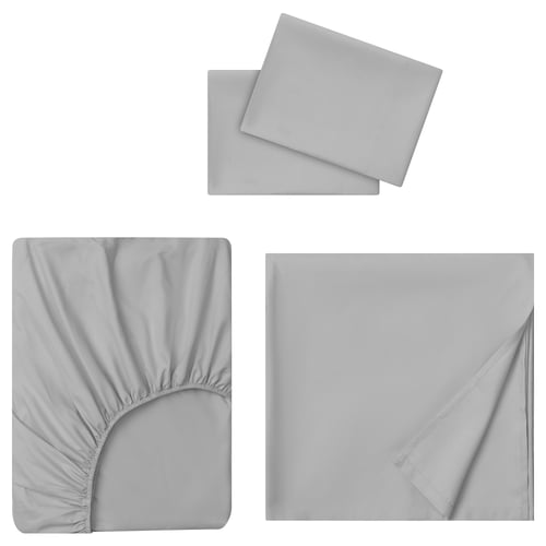 Three light grey bed sheets displayed: two flat sheets and one fitted sheet with elastic edges.