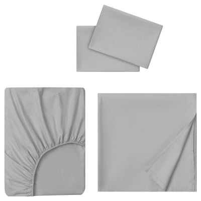 Three light grey bed sheets displayed: two flat sheets and one fitted sheet with elastic edges.