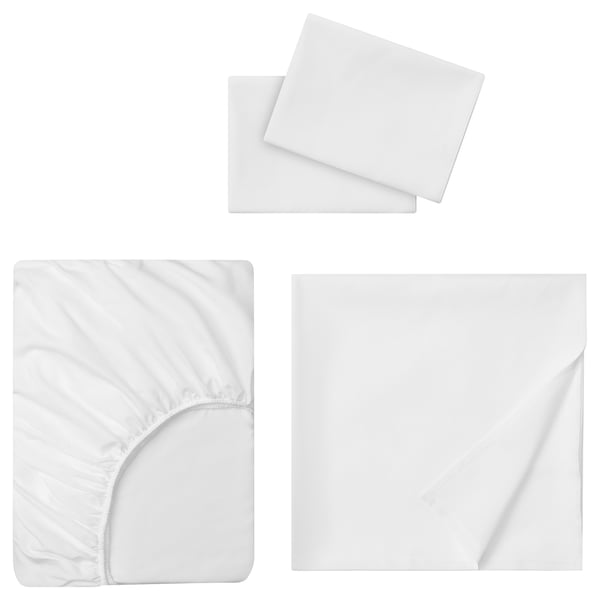 White sheet set: fitted, flat sheet, 2 pillowcases. Soft, recycled polyester.