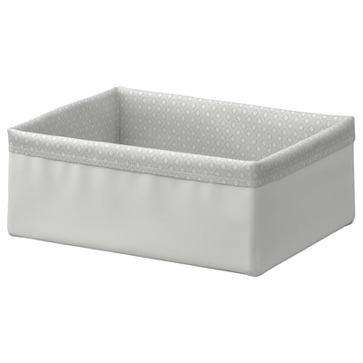 A BAXNA storage organiser in grey, made from recycled polyester, designed for shelves or drawers, with a decorative inner pattern.