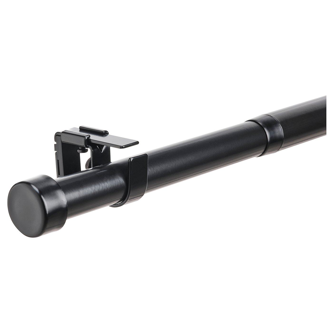 A black BEKRÄFTA curtain rod set with a connector, featuring a sleek design with metallic finish.