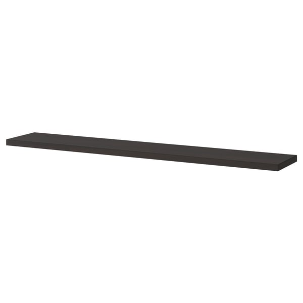 A dark brown shelf with a bevelled and smooth edge. Its part of the BERGSHULT collection, made of particleboard and plastic edging.