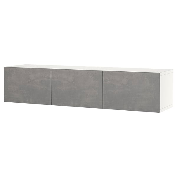 White and grey BESTÅ tv bench with 3 storage compartments, adjustable shelves, and cable management.
