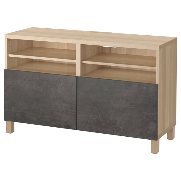 Modern light wood tv stand with grey doors, adjustable shelves, and cable management.