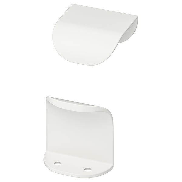 Two minimalist, white, curved handles; one mounted, one isolated. Modern design, made of powder-coated aluminium. Ideal for kitchen cabinets.