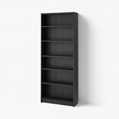 BILLY black bookcase, 6 shelves, modern design.