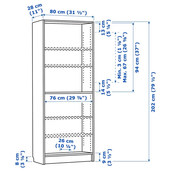Illustration with measurements for the product: BILLY.