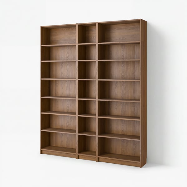 Wooden BILLY bookcase with multiple empty shelves on a white wall.
