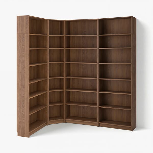 Empty wooden bookshelf, BILLY, brown, corner design, six shelves.