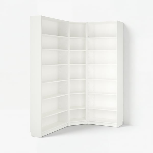 A white BILLY corner bookshelf unit with multiple adjustable shelves.
