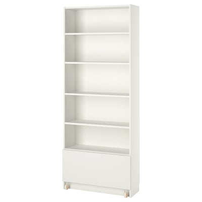 White BILLY bookcase with five open shelves and a bottom drawer, made of particleboard and paper foil.
