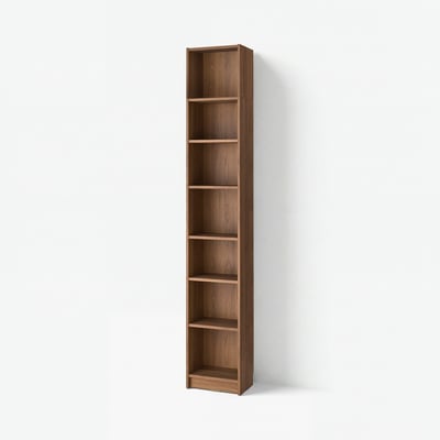 BILLY: tall wooden bookcase, rectangular shape, six empty shelves, simple design.