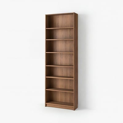 BILLY bookcase, tall, brown, wooden, rectangular, minimalist, six empty shelves against a white wall.