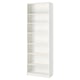 A white BILLY bookcase with six adjustable shelves. It is a simple, rectangular design made of particleboard and paper foil.