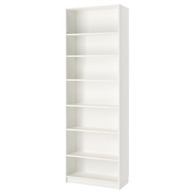 A white BILLY bookcase with six adjustable shelves. It is a simple, rectangular design made of particleboard and paper foil.