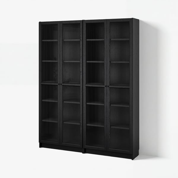 BILLY / OXBERG Bookcase combination w glass doors, black oak effect, 160x202 cm