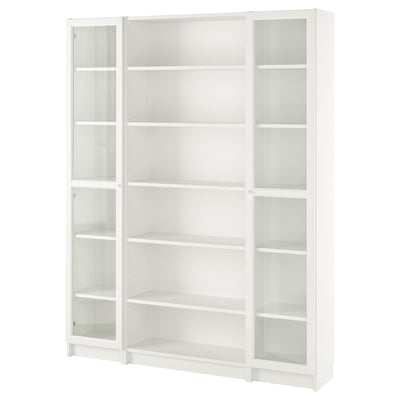 White BILLY bookcase, 3 sections, glass doors on sides, adjustable shelves.