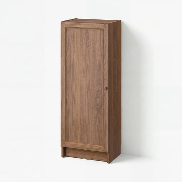 BILLY walnut bookcase, tall with single door, simple design, wooden texture.