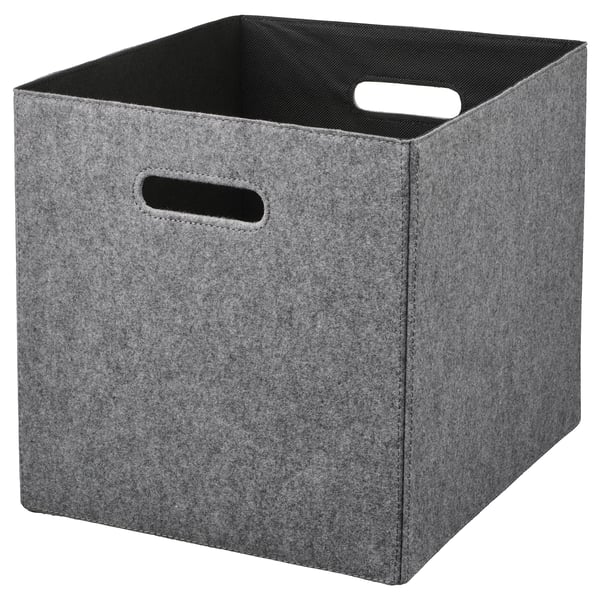 Grey fabric storage box with handles for easy carrying, designed for kallax shelf.